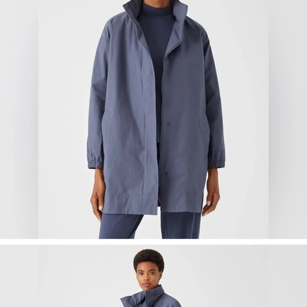 Eileen Fisher Stand Collar Hidden Hood Organic Cotton Blend Coat In Twilight Xs - Picture 14 of 14